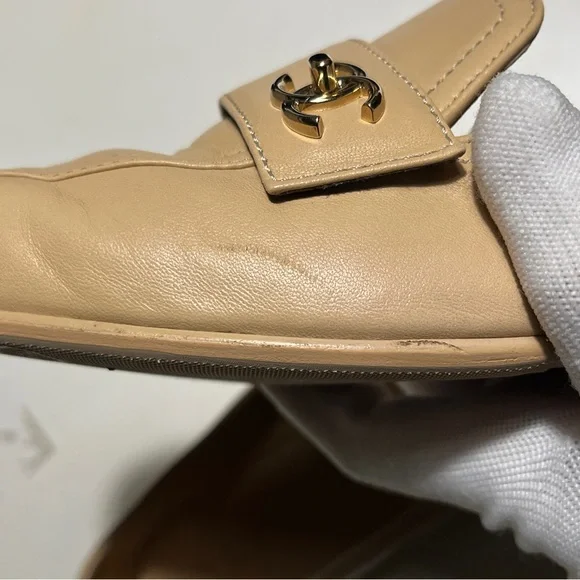 CHANEL Beige Leather Loafers with Black Cap Toe and Gold CC - Picture 16 of 16